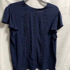 LOFT Navy Blue Ruffled Crew Neck Blouse